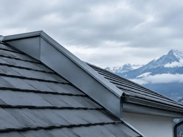 Schieferdach mit Spenglerarbeiten vor Schweizer Bergen