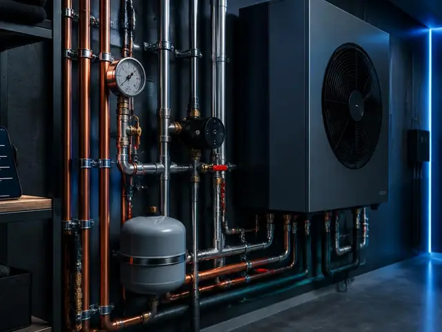 Wärmepumpe mit Heizungsleitungen in einem Technikraum