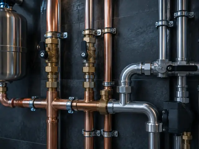 Sanitärinstallation mit Kupferleitungen und Ventilen