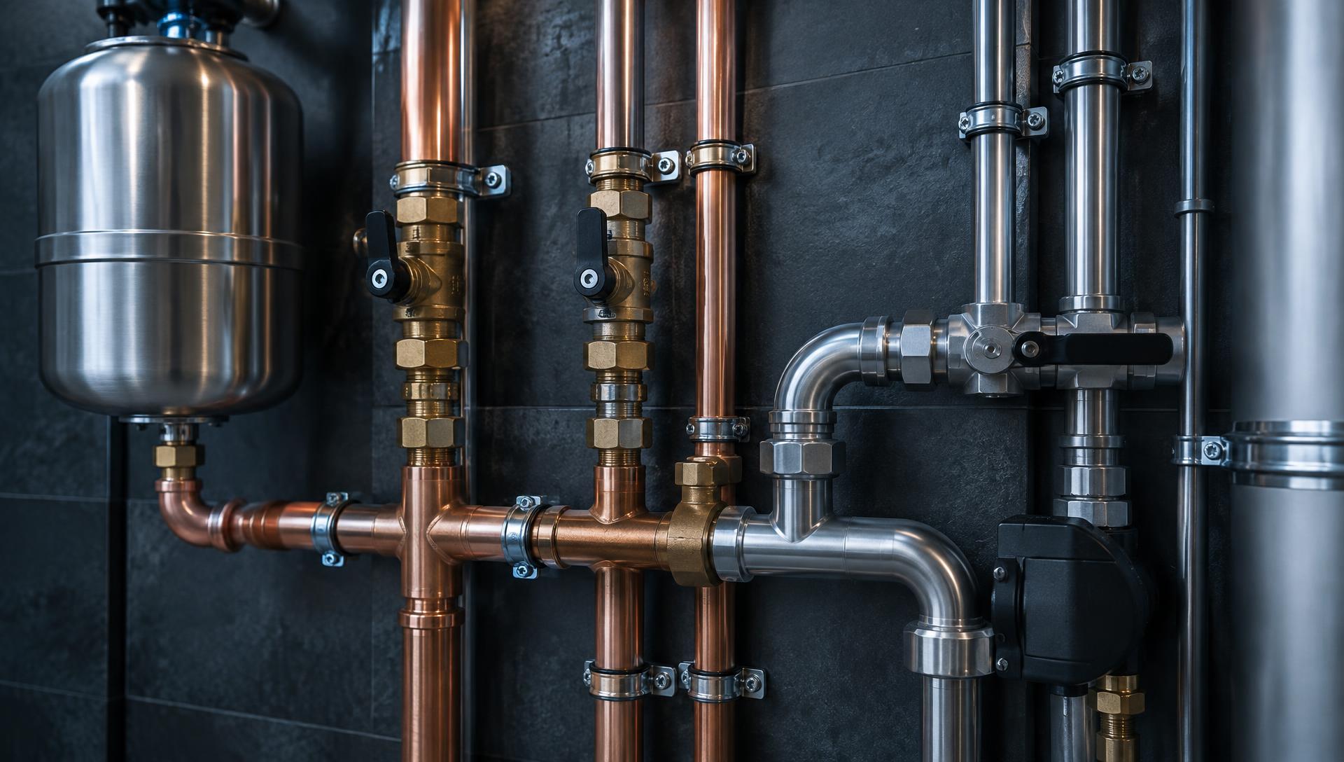 Sanitärtechniker vor einer modernen Rohrinstallation
